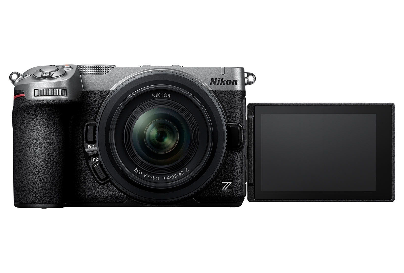 Nikon Z5IIC in silver with its 3.2-inch vari-angle screen flipped out to the side