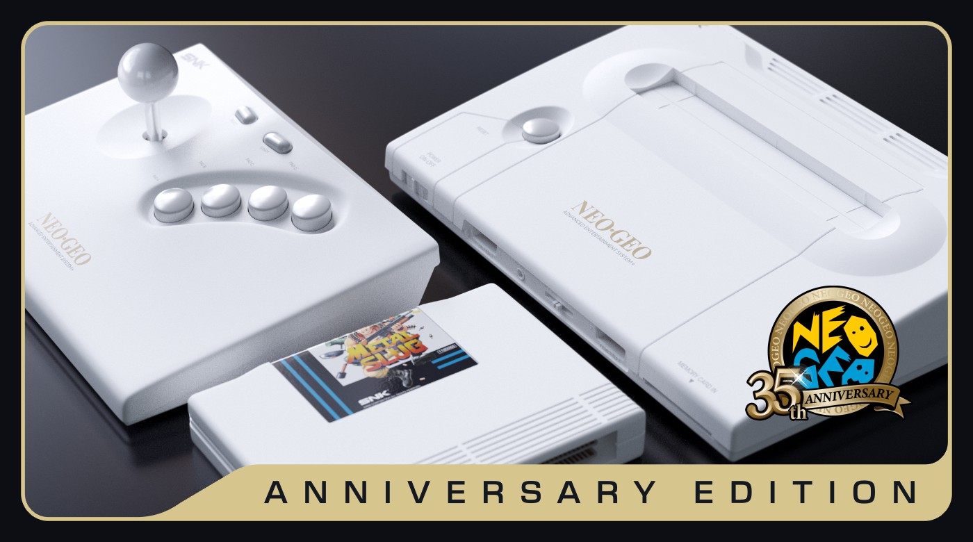 NEOGEO AES+ 35th Anniversary Edition in white with the white arcade stick, Metal Slug cartridge and memory card
