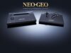 NEOGEO AES+ console and arcade stick in black under the gold Neo Geo logo