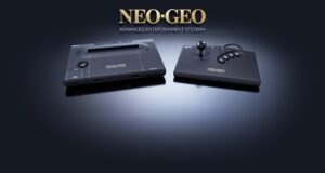 NEOGEO AES+ console and arcade stick in black under the gold Neo Geo logo