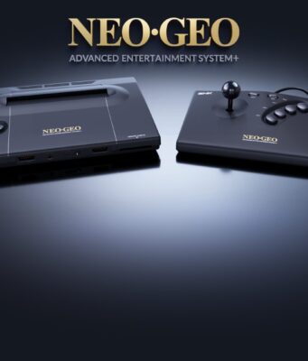Neo Geo AES+ Console Remake Delayed to September 16, 2027 NEOGEO AES+ console and arcade stick in black under the gold Neo Geo logo