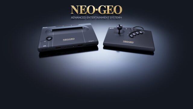plaion-replai-neogeo-aes-plus-console-and-arcade-stick NEOGEO AES+ console and arcade stick in black under the gold Neo Geo logo