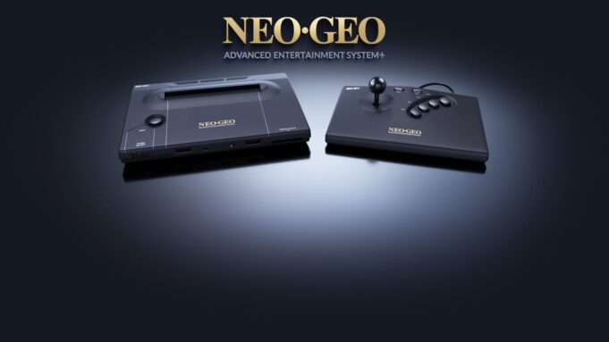 NEOGEO AES+ console and arcade stick in black under the gold Neo Geo logo