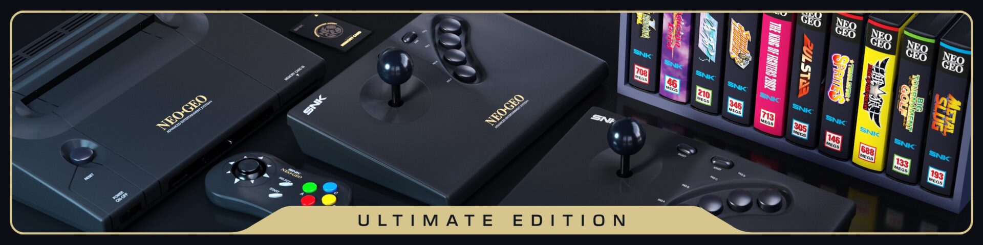 NEOGEO AES+ Ultimate Edition with the console, gamepad, two arcade sticks and all ten launch cartridges