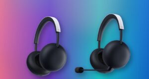 PlayStation Pulse and Pulse Edge wireless headsets in White on a violet and cyan background