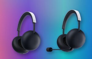 PlayStation Pulse and Pulse Edge wireless headsets in White on a violet and cyan background