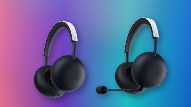 PlayStation Pulse and Pulse Edge wireless headsets in White on a violet and cyan background