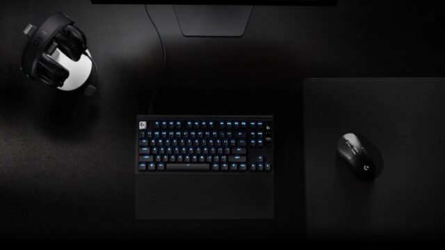 pro-series-lineup-media-card-1 Logitech G PRO Series 2026 black desk with headset, Rapid keyboard, Superstrike mouse, and Control pad
