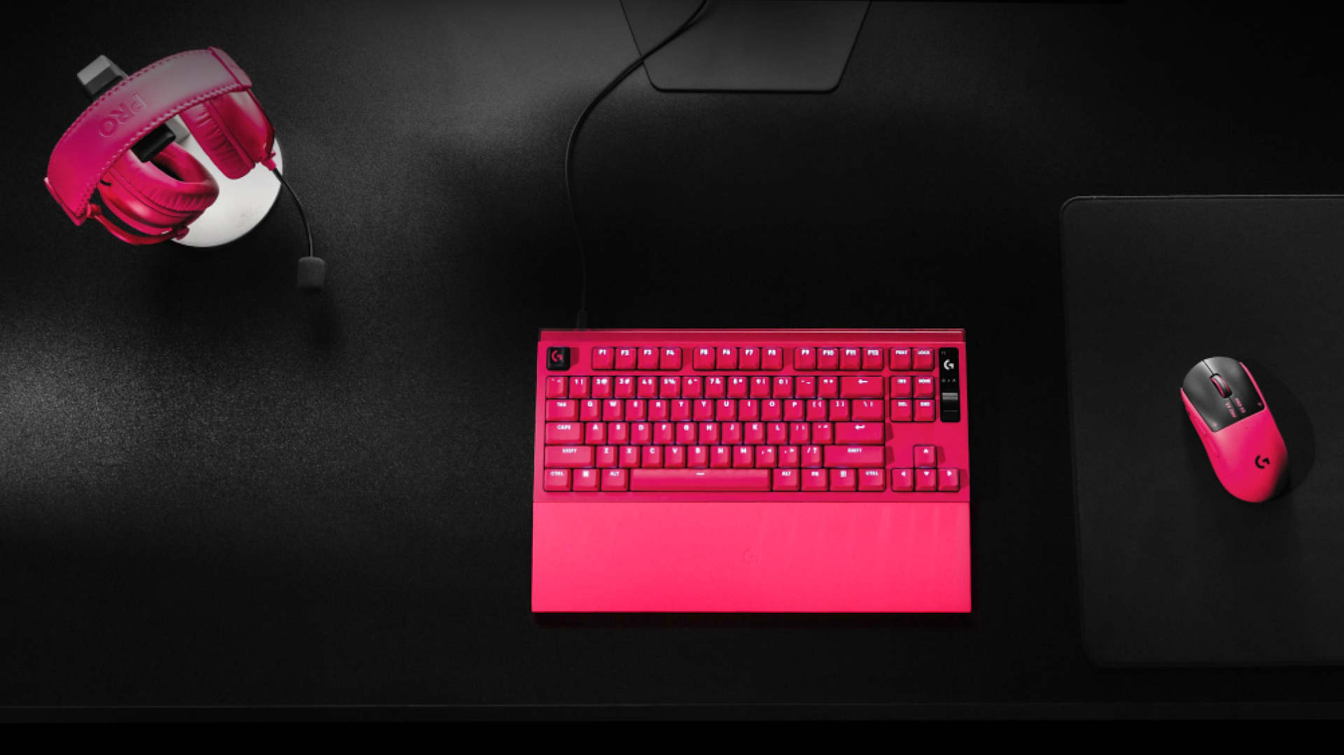 Logitech G PRO Series 2026 magenta desk kit with headset, Rapid keyboard, mouse, and Control pad
