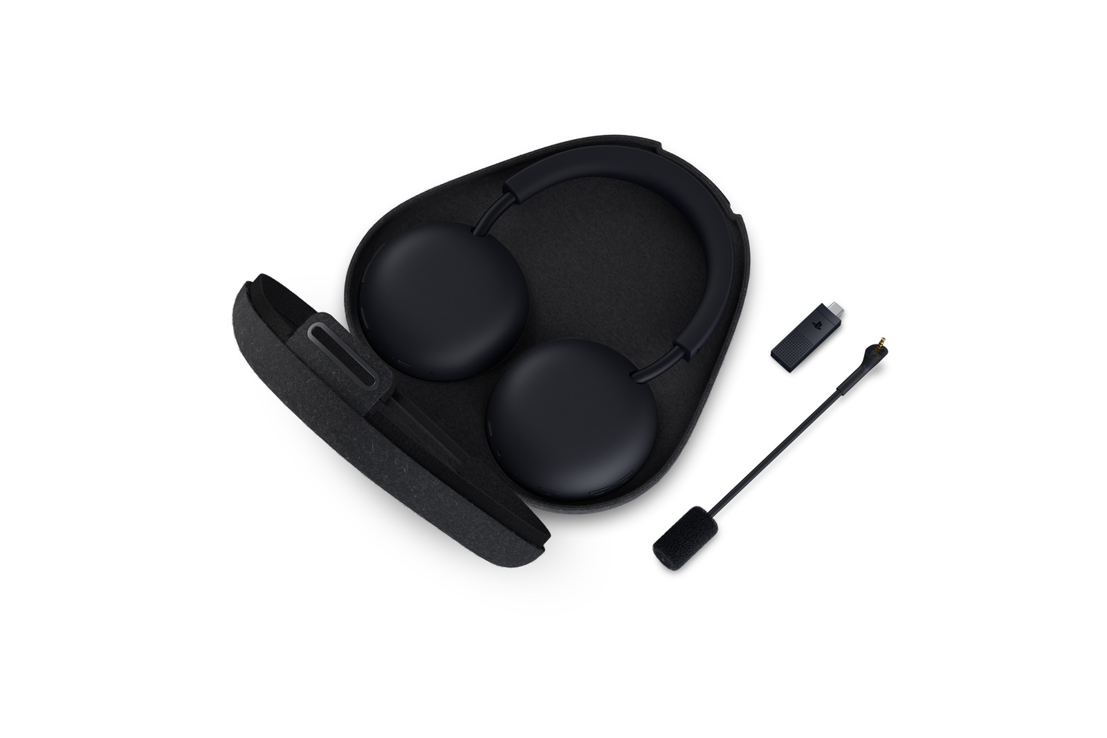 Pulse Edge headset folded into its carrying case beside the detachable boom mic and USB-C adapter