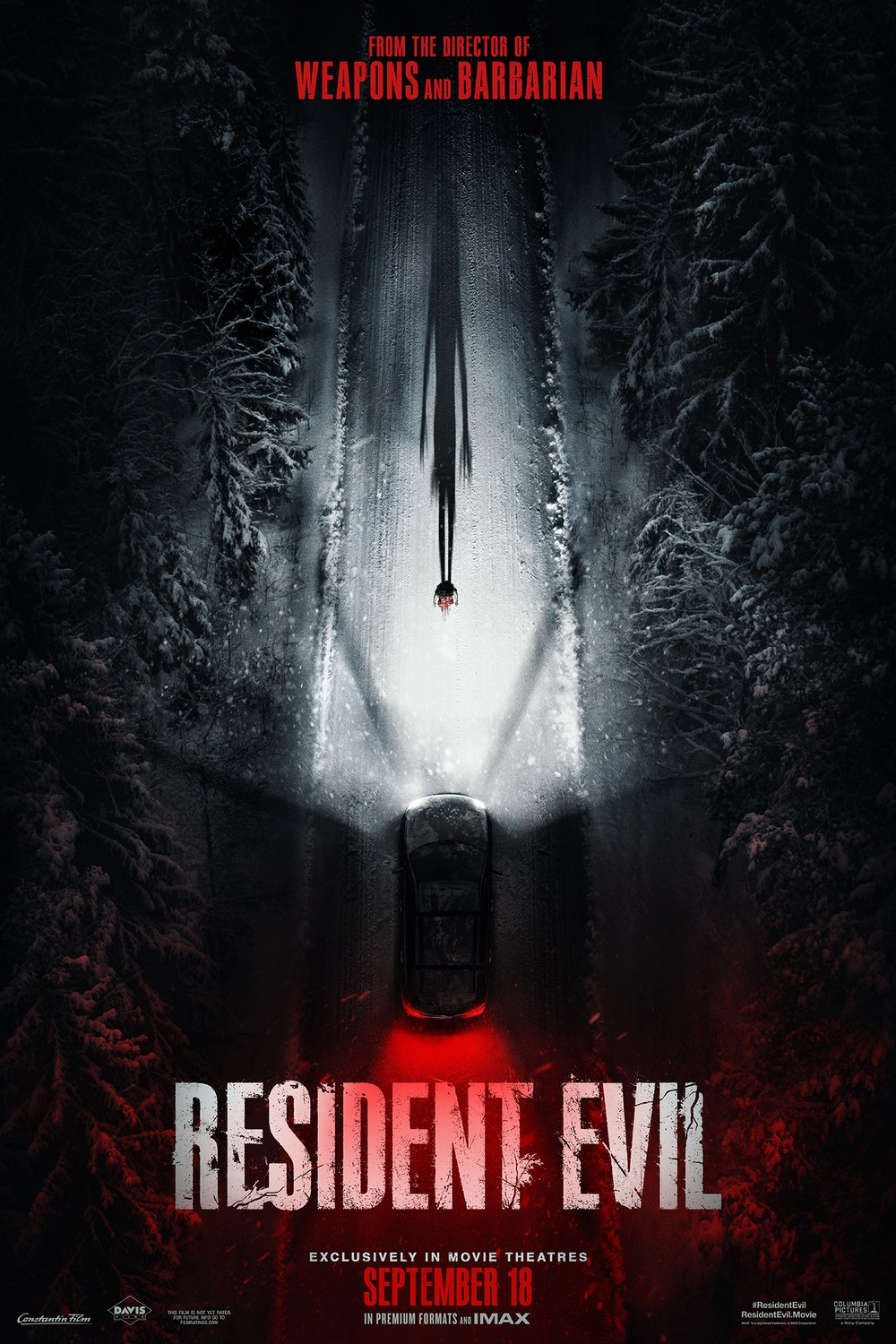 Resident Evil 2026 poster showing a car on a snowy forest road at night with a figure lying in the headlights, and the tagline From the director of Weapons and Barbarian