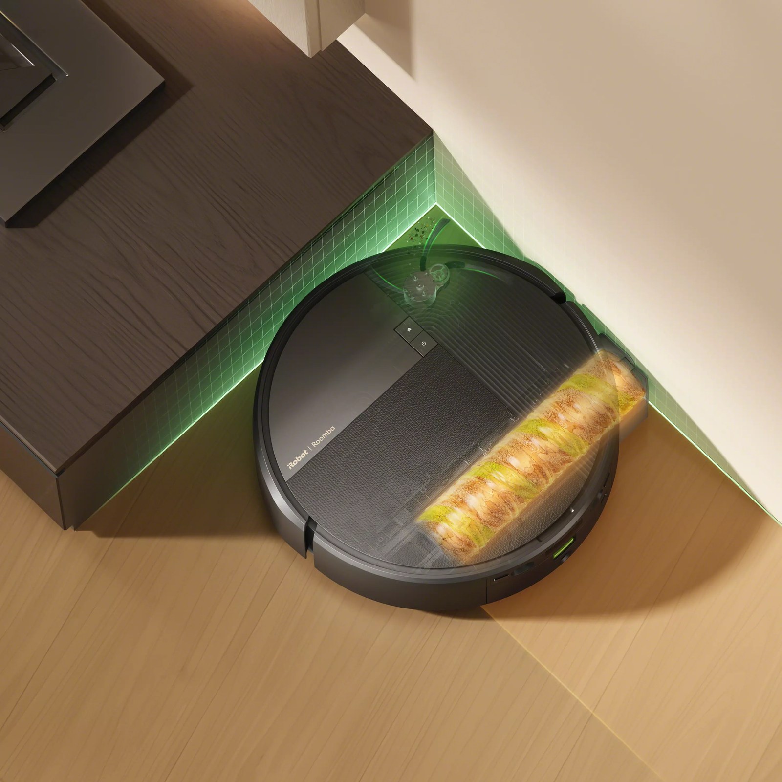 Roomba Max 875 Combo cleaning a corner with its extended PerfectEdge roller and Edge-Sweeping brush