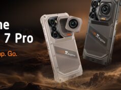 RugOne Xsnap 7 Pro snaps off an action camera at IFA Sand and dark gray RugOne Xsnap 7 Pro phones with a detached cube action camera over desert dunes