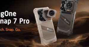 RugOne Xsnap 7 Pro snaps off an action camera at IFA Sand and dark gray RugOne Xsnap 7 Pro phones with a detached cube action camera over desert dunes