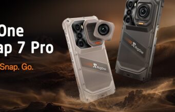 RugOne Xsnap 7 Pro snaps off an action camera at IFA Sand and dark gray RugOne Xsnap 7 Pro phones with a detached cube action camera over desert dunes