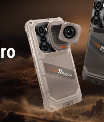 RugOne Xsnap 7 Pro snaps off an action camera at IFA Sand and dark gray RugOne Xsnap 7 Pro phones with a detached cube action camera over desert dunes