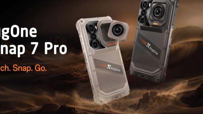 RugOne Xsnap 7 Pro snaps off an action camera at IFA Sand and dark gray RugOne Xsnap 7 Pro phones with a detached cube action camera over desert dunes