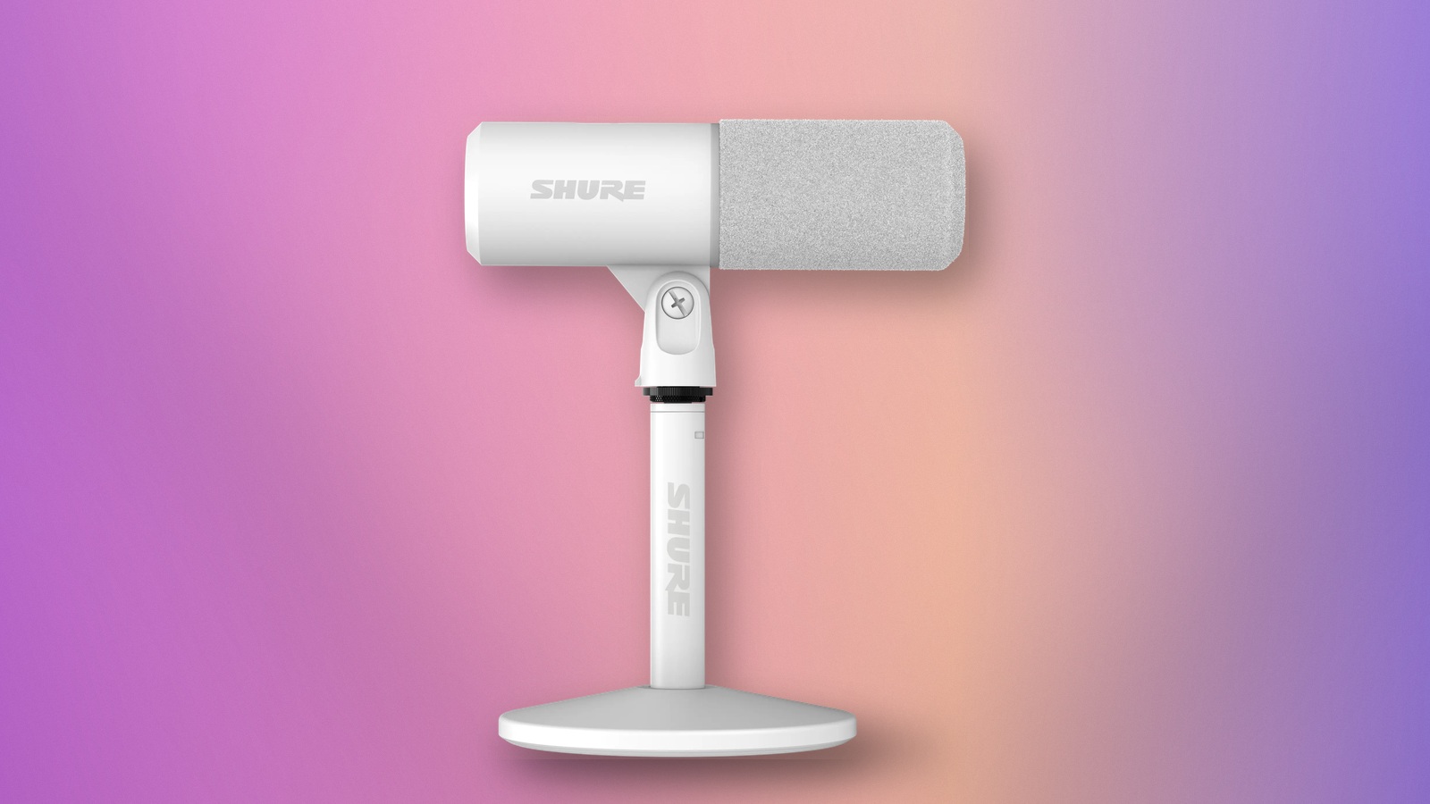 Shure MV6 Gen 2 white USB microphone with gray windscreen and matching stand