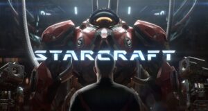 StarCraft open-world shooter official announcement artwork: a red Dominion mech with the STAR CRAFT logo
