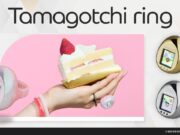Tamagotchi ring: Bandai’s 28mm color LCD finger pet Three Tamagotchi ring colorways and a hand wearing the pearlescent pink model beside a cake slice