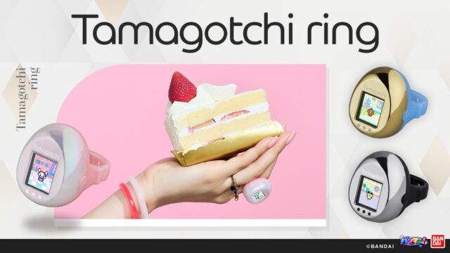 Three Tamagotchi ring colorways and a hand wearing the pearlescent pink model beside a cake slice