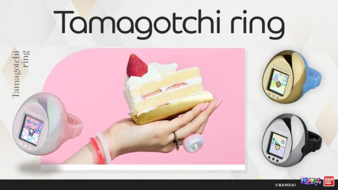 Tamagotchi ring: Bandai’s 28mm color LCD finger pet Three Tamagotchi ring colorways and a hand wearing the pearlescent pink model beside a cake slice