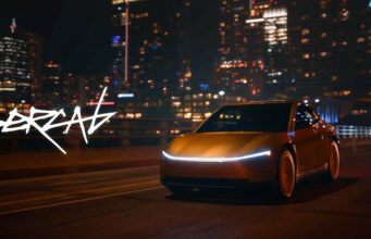 Tesla Cybercab robotaxi rides are live in Austin Gold Tesla Cybercab driving on a city highway at night with a light bar across the nose