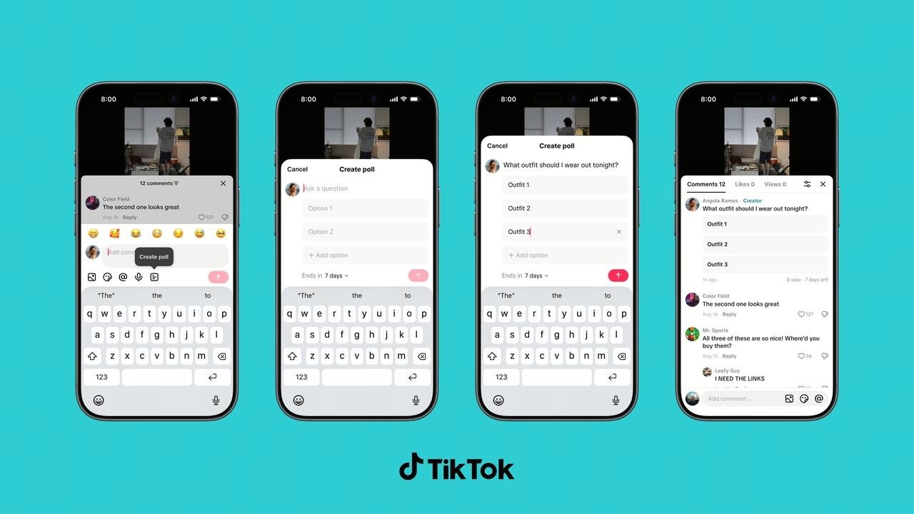 Four iPhones showing TikTok Comment Polls: Create poll button, option fields, an outfit vote, and live results in comments