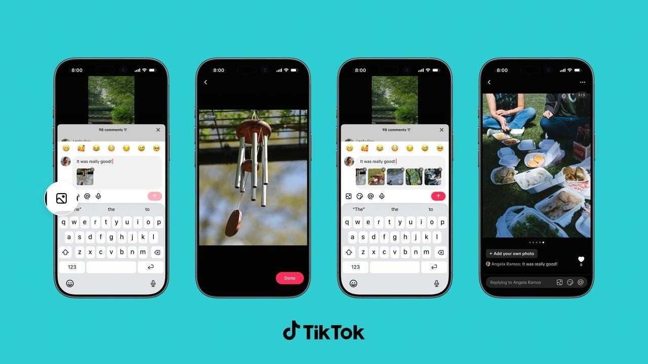 Four iPhones showing TikTok Photo Carousel and Live Photo comments, including a nine-image picker and a picnic photo reply