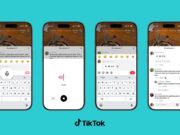 Four iPhones showing TikTok Voice Comments: microphone button, recording waveform, playback chip, and a 3-second voice reply in the thread