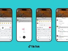 TikTok Voice Comments add 60-second audio replies Four iPhones showing TikTok Voice Comments: microphone button, recording waveform, playback chip, and a 3-second voice reply in the thread