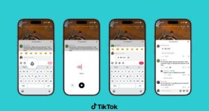 Four iPhones showing TikTok Voice Comments: microphone button, recording waveform, playback chip, and a 3-second voice reply in the thread