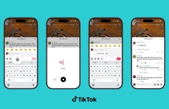 TikTok Voice Comments add 60-second audio replies Four iPhones showing TikTok Voice Comments: microphone button, recording waveform, playback chip, and a 3-second voice reply in the thread