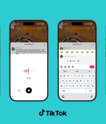 TikTok Voice Comments add 60-second audio replies Four iPhones showing TikTok Voice Comments: microphone button, recording waveform, playback chip, and a 3-second voice reply in the thread