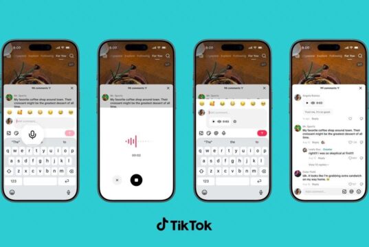 Four iPhones showing TikTok Voice Comments: microphone button, recording waveform, playback chip, and a 3-second voice reply in the thread