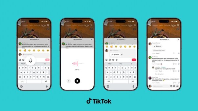 tiktok-voice-comments-ui Four iPhones showing TikTok Voice Comments: microphone button, recording waveform, playback chip, and a 3-second voice reply in the thread