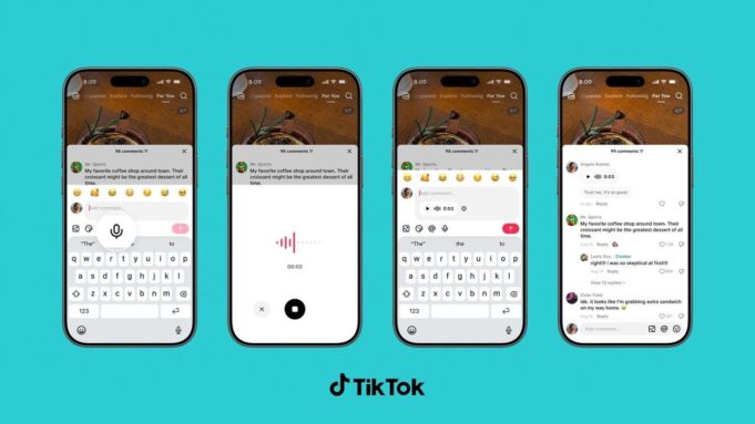 TikTok Voice Comments add 60-second audio replies Four iPhones showing TikTok Voice Comments: microphone button, recording waveform, playback chip, and a 3-second voice reply in the thread