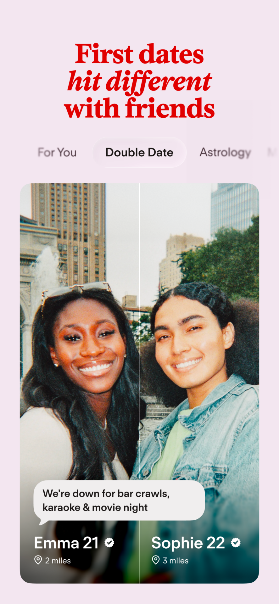 Tinder App Store screenshot showing a Double Date profile with two friends