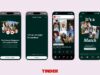 Tinder Group Hangouts screens showing an invitation, activity planning, a group profile and a match