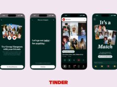 Tinder Group Hangouts Lets Friends Match With Other Groups Tinder Group Hangouts screens showing an invitation, activity planning, a group profile and a match