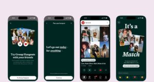 Tinder Group Hangouts screens showing an invitation, activity planning, a group profile and a match