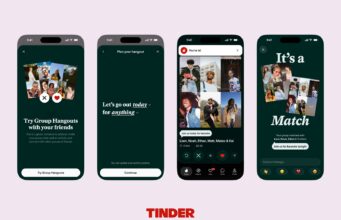 Tinder Group Hangouts Lets Friends Match With Other Groups Tinder Group Hangouts screens showing an invitation, activity planning, a group profile and a match