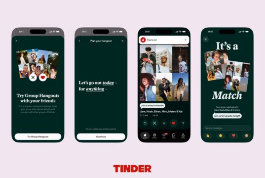 Tinder Group Hangouts screens showing an invitation, activity planning, a group profile and a match