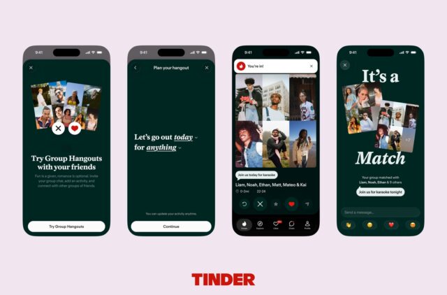 tinder-group-hangouts-official Tinder Group Hangouts screens showing an invitation, activity planning, a group profile and a match