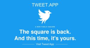 Tweet.app social card with a white bird on sky blue reading The square is back, and this time it's yours