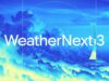 Official WeatherNext 3 title over a blue and yellow satellite-style cloud field