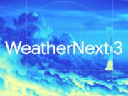 Official WeatherNext 3 title over a blue and yellow satellite-style cloud field