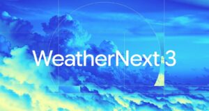 WeatherNext 3 uses live satellite data for hourly forecasts Official WeatherNext 3 title over a blue and yellow satellite-style cloud field