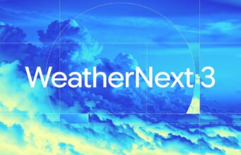 WeatherNext 3 uses live satellite data for hourly forecasts Official WeatherNext 3 title over a blue and yellow satellite-style cloud field