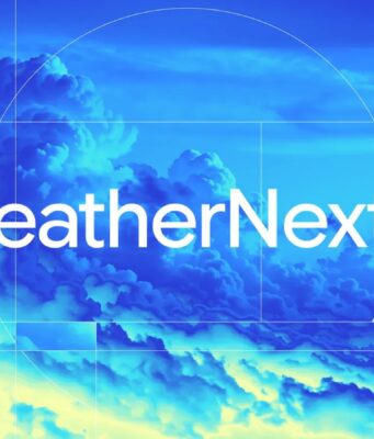 Official WeatherNext 3 title over a blue and yellow satellite-style cloud field